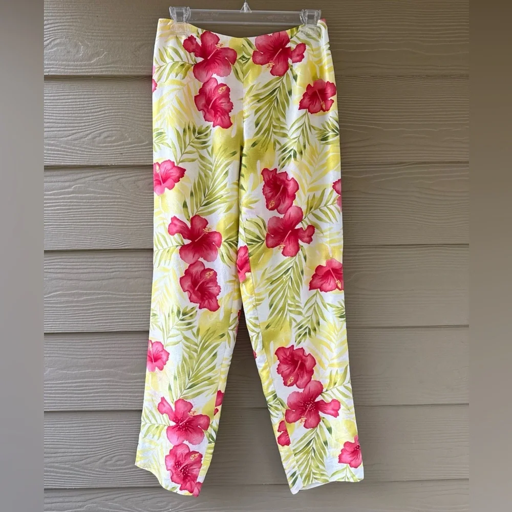 BetU 100% SILK Yellow Pink Floral Beaded Lined Tropical Summer Pants Size 4 - Picture 3 of 10